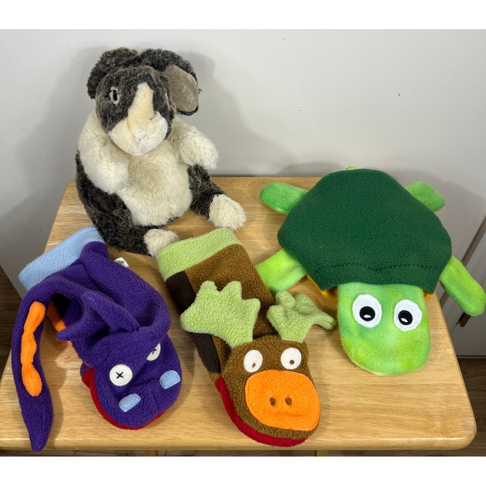 Folkmanis Cate & Levi Hand Puppet Bundle Rabbit Dragon Moose Turtle Lot/4